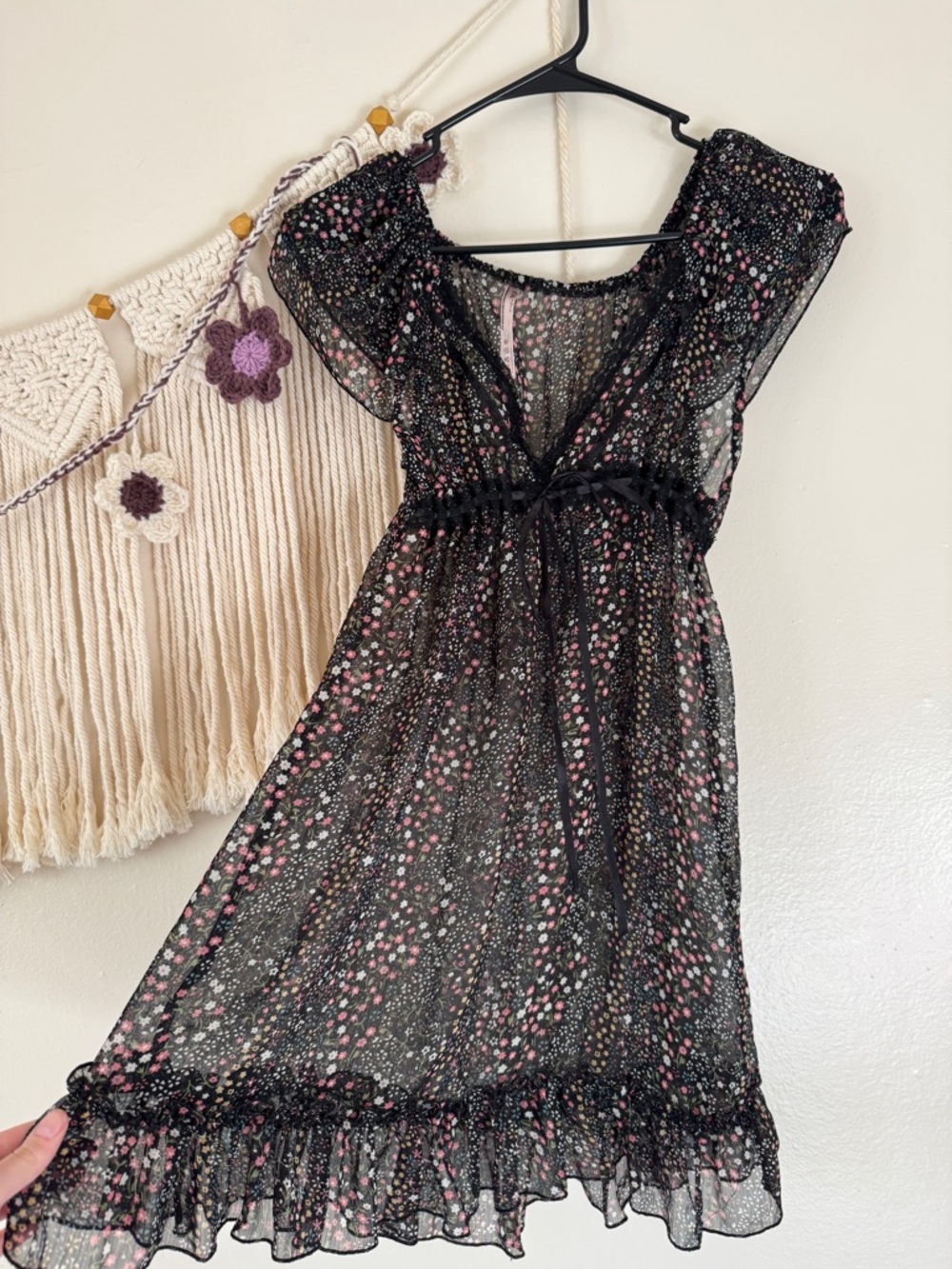 Black Floral Sheer Ruffle Dress - Babydoll Style